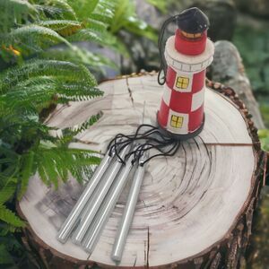 Red Checkered Lighthouse Wind Chimes 4" Wooden Nautical Coastal